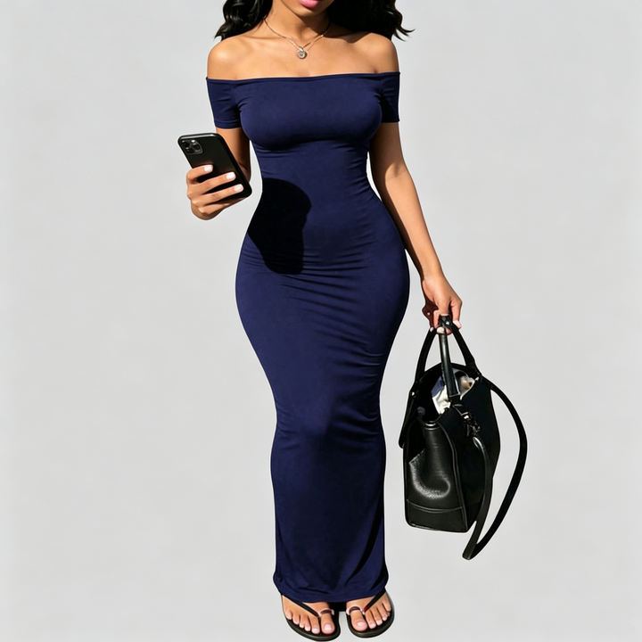 The Elara Off-Shoulder Sculpt Maxi Dress