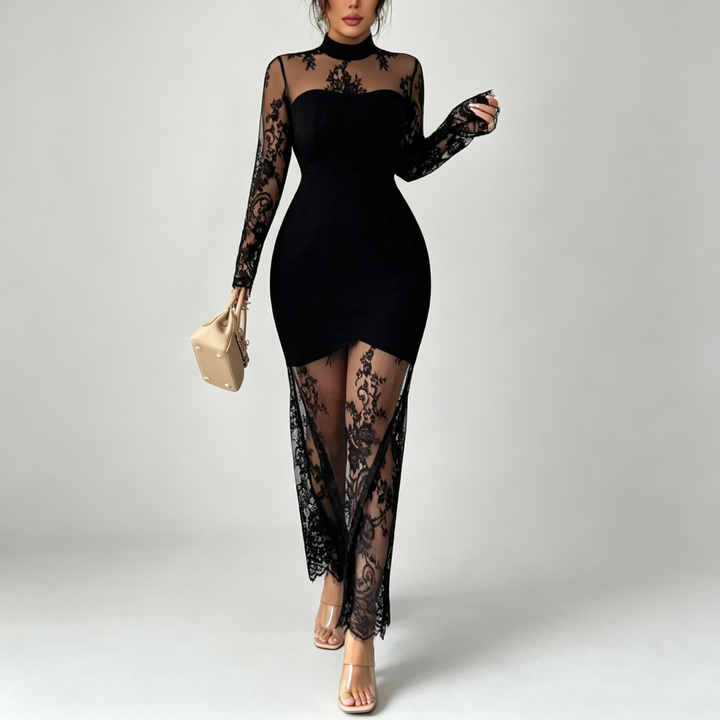 The Elara Sheer-Lace Fishtail Maxi Dress