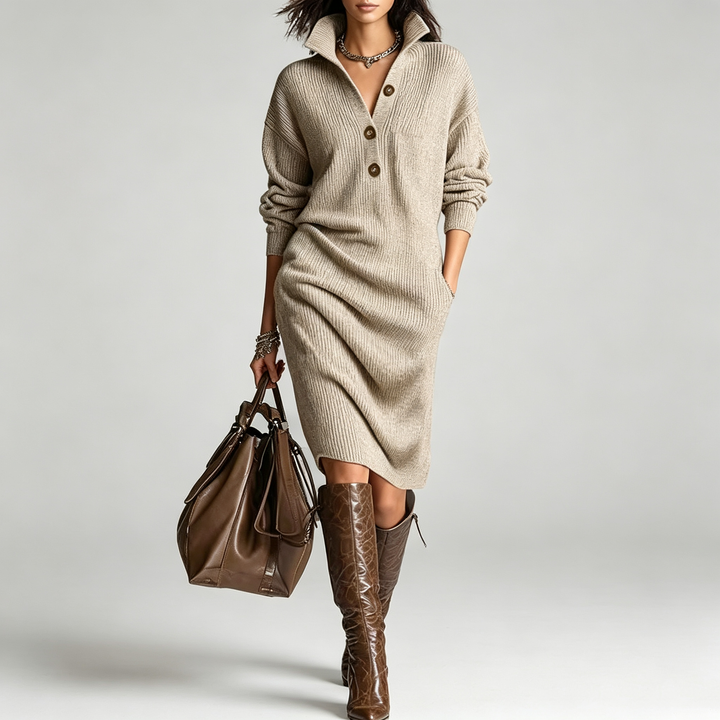 The Elara Button-Collar Ribbed Knit Midi Dress