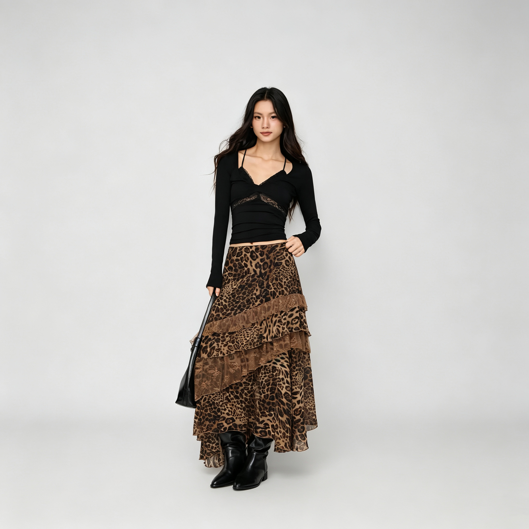 The Elara Leopard Lace Layered Maxi Skirt