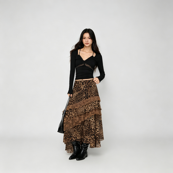 The Elara Leopard Lace Layered Maxi Skirt