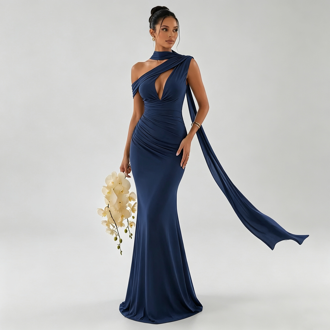The Elara Riviera Scarf One-Shoulder Gown