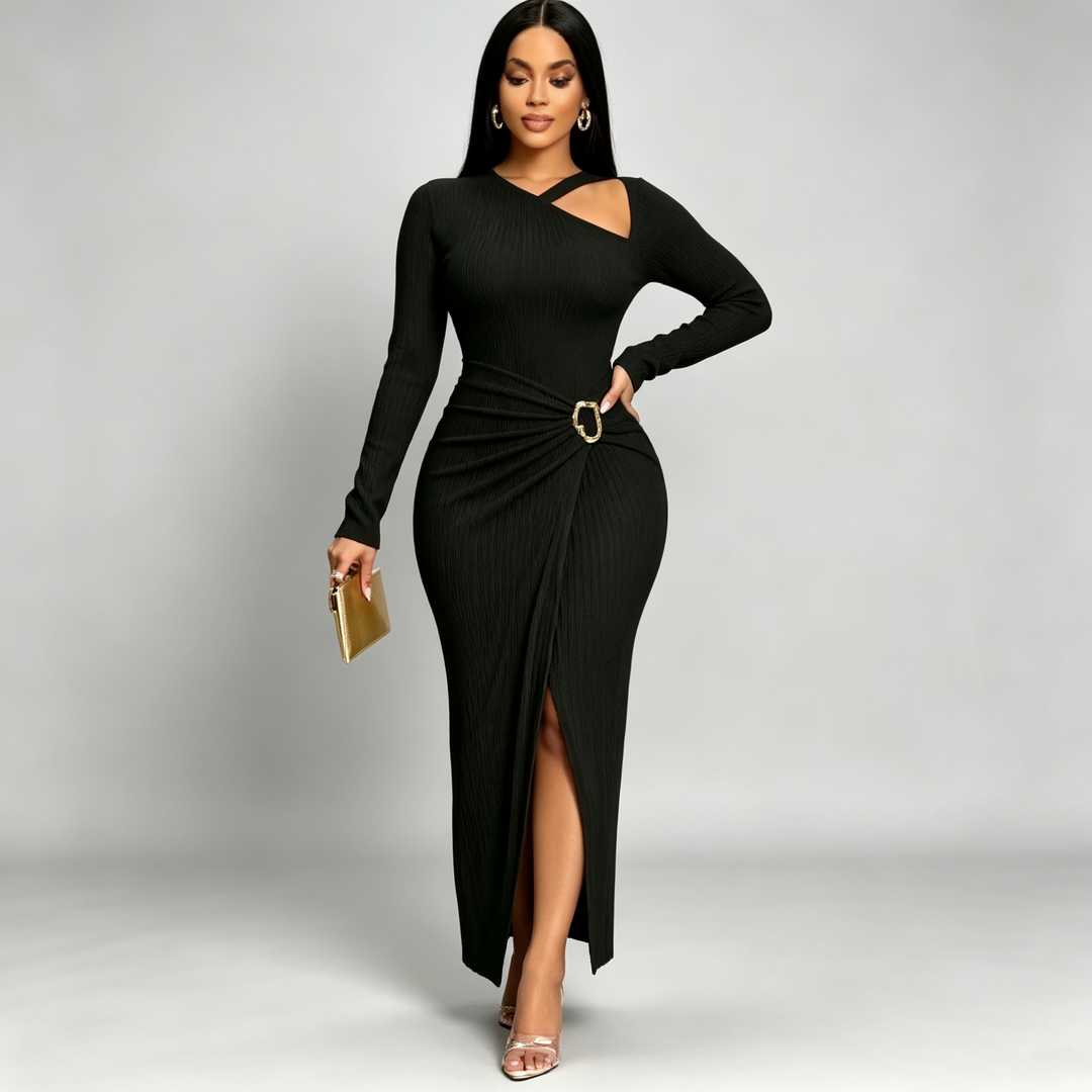 The Elara Buckle Ruched Long Sleeve Maxi Dress