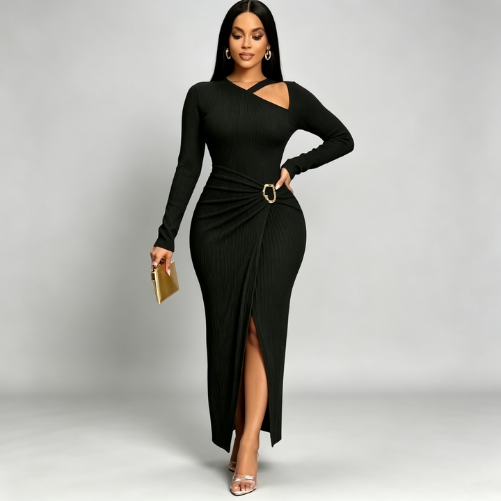 The Elara Buckle Ruched Long Sleeve Maxi Dress