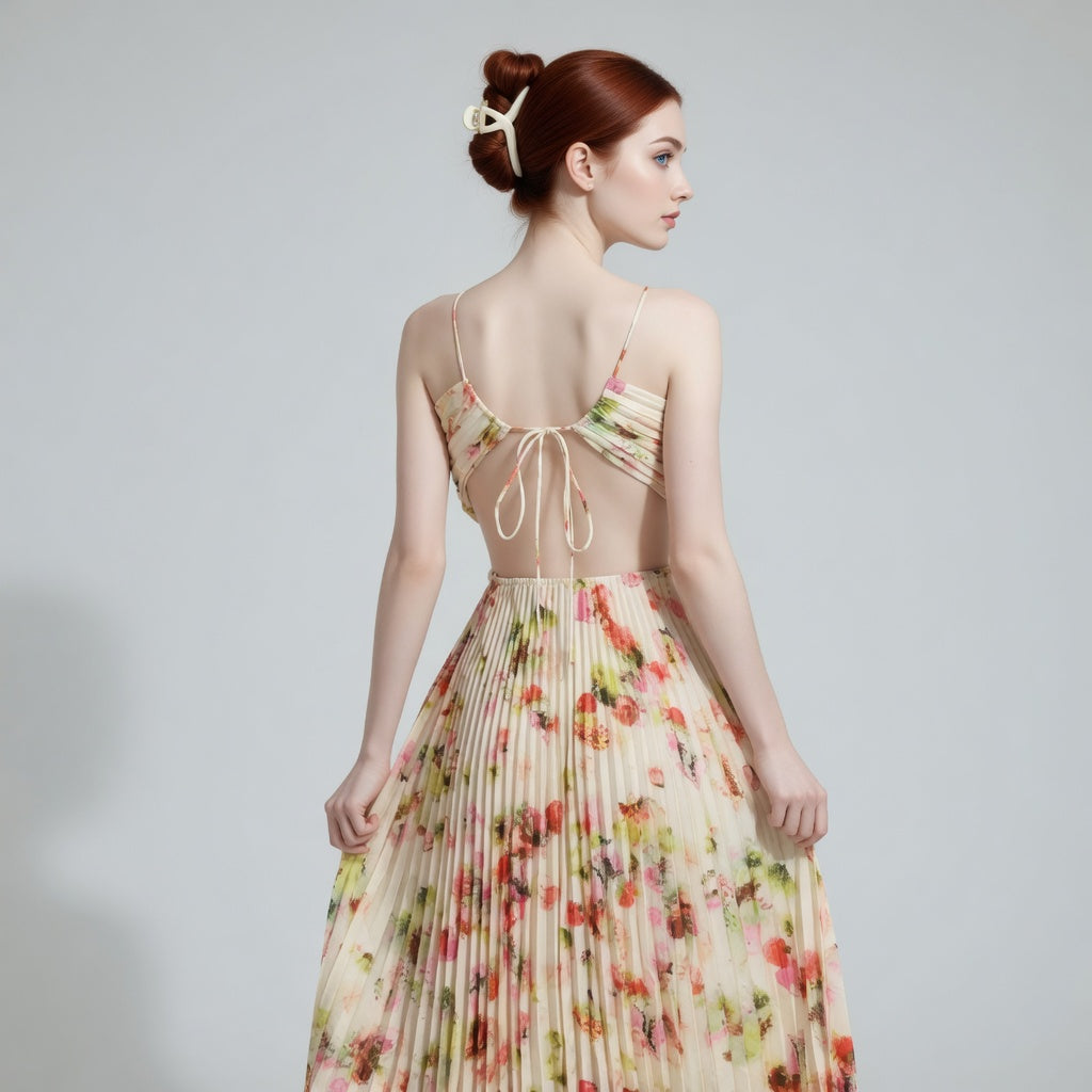 The Elara Ethereal Pleated Floral Cutout Maxi Dress