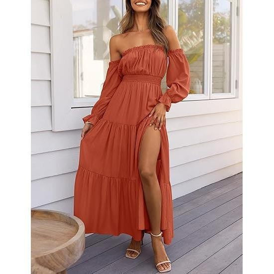 Boho Off-Shoulder Smocked Tiered Maxi Dress
