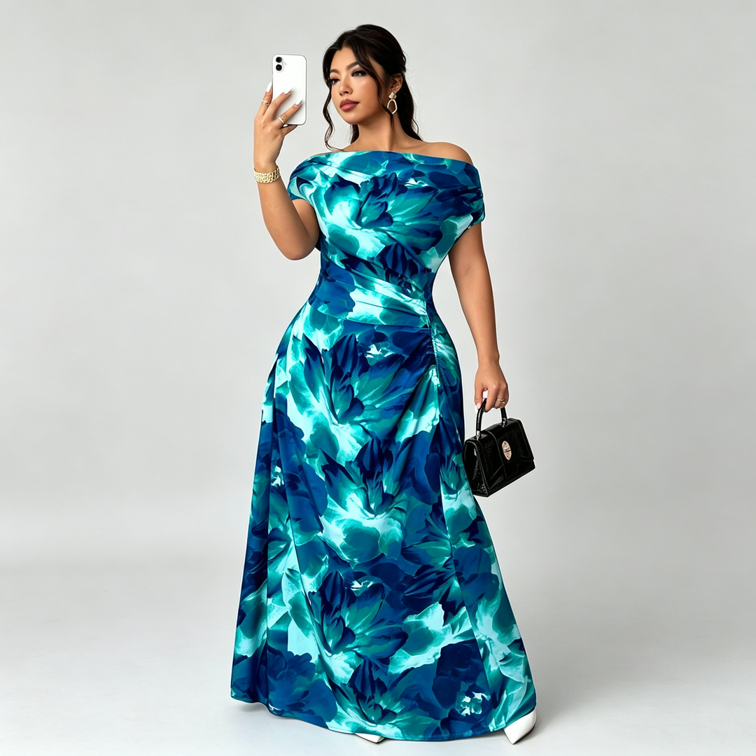 The Elara Watercolor Bloom Off-Shoulder Maxi Dress