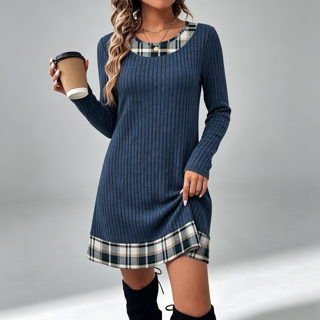 The Elara Plaid-Trim Ribbed Mini Dress