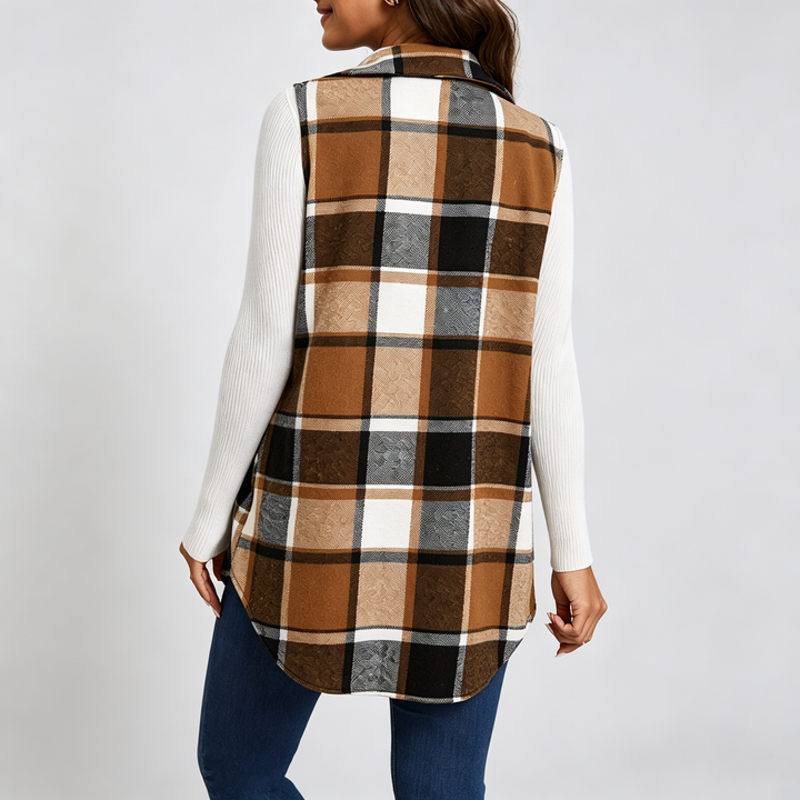 The Elara Plaid Button-Front Long Vest