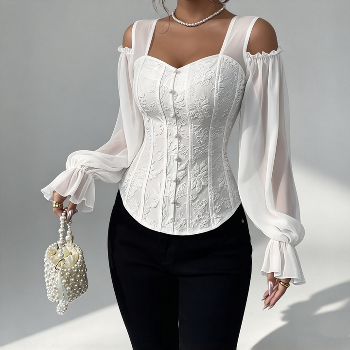 The Elara Jacquard Cold-Shoulder Corset Top