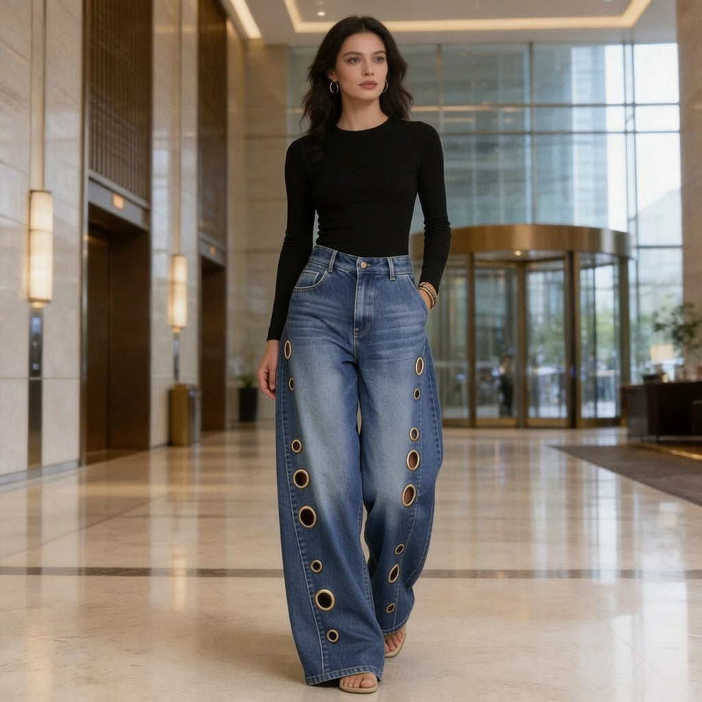 The Elara Metal Eyelet Wide-Leg Jeans