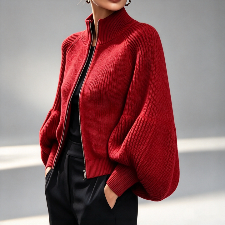 The Elara Balloon-Sleeve Zip Knit Cardigan