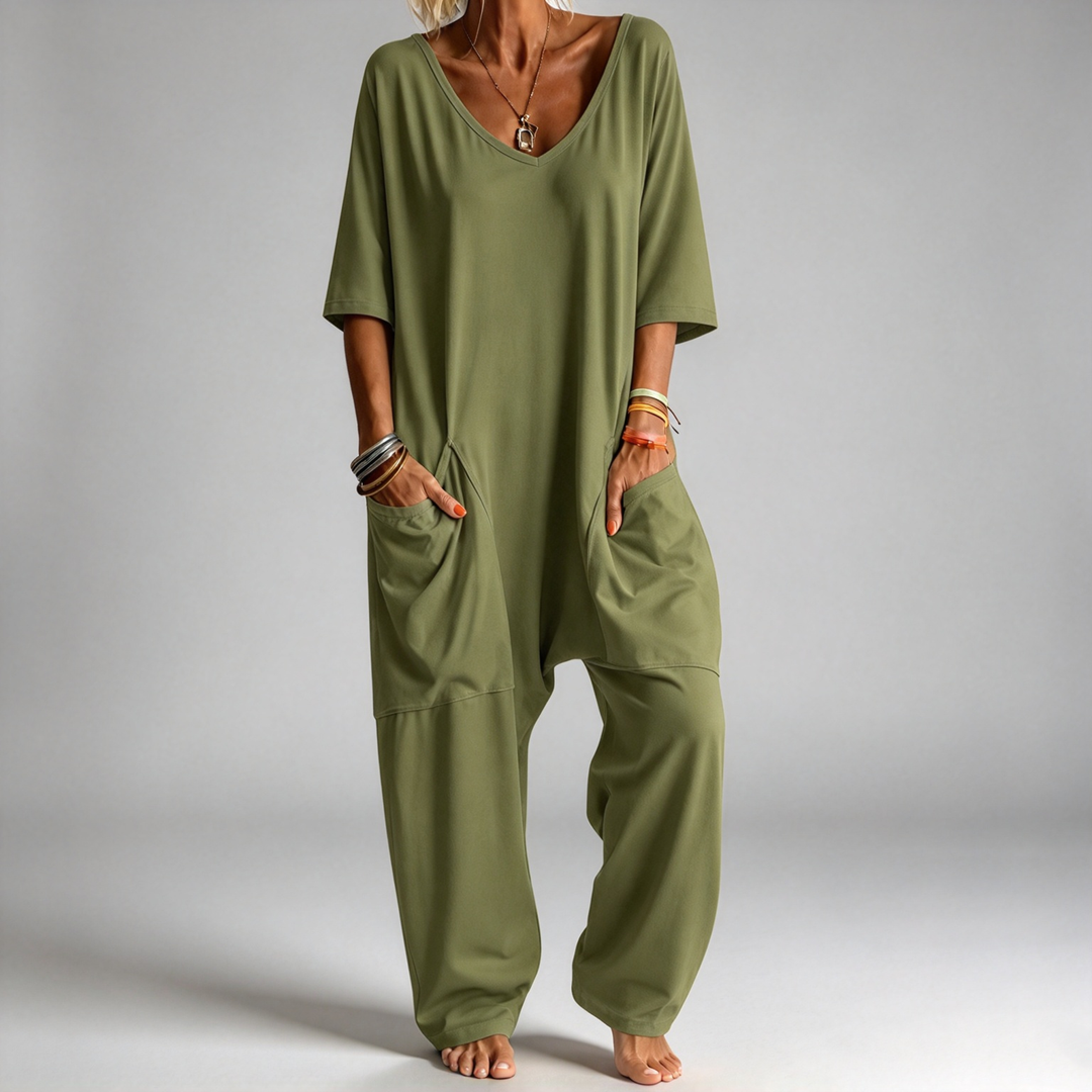 The Elara Relaxed V-Neck Pocket Jumpsuit