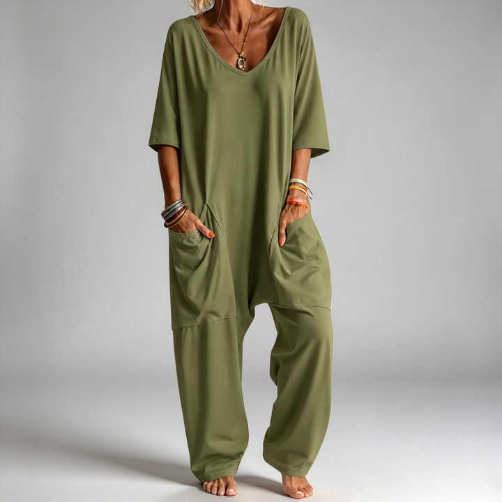 The Elara Relaxed V-Neck Pocket Jumpsuit