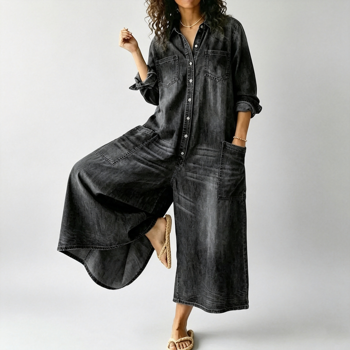 The Elara Relaxed Denim-Wash Wide-Leg Jumpsuit