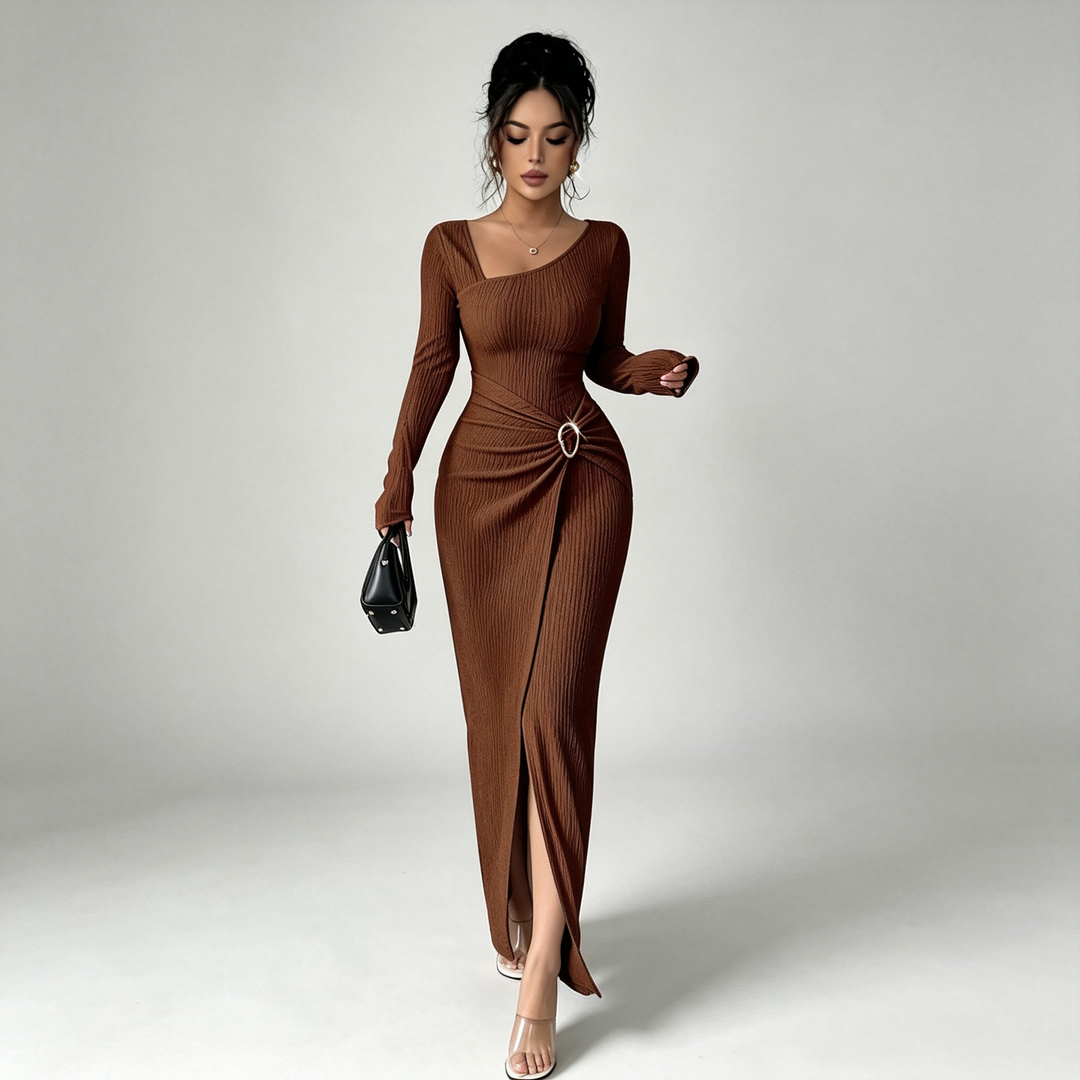 The Elara Asymmetric Buckle Wrap Maxi Dress