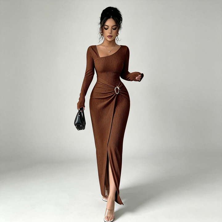 The Elara Asymmetric Buckle Wrap Maxi Dress