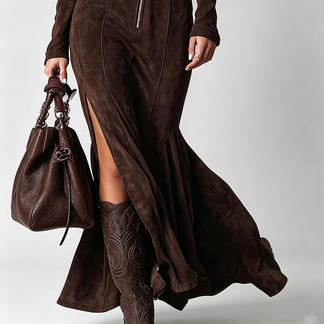 The Elara Suede Belted Zip Maxi Dress