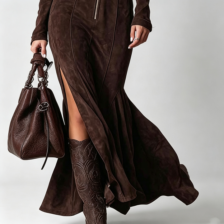The Elara Suede Belted Zip Maxi Dress