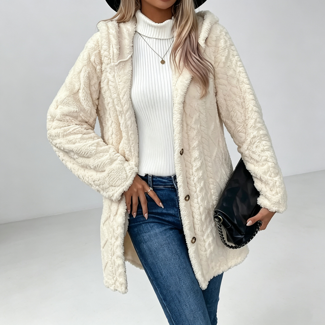 The Elara Sherpa Hooded Button Coat