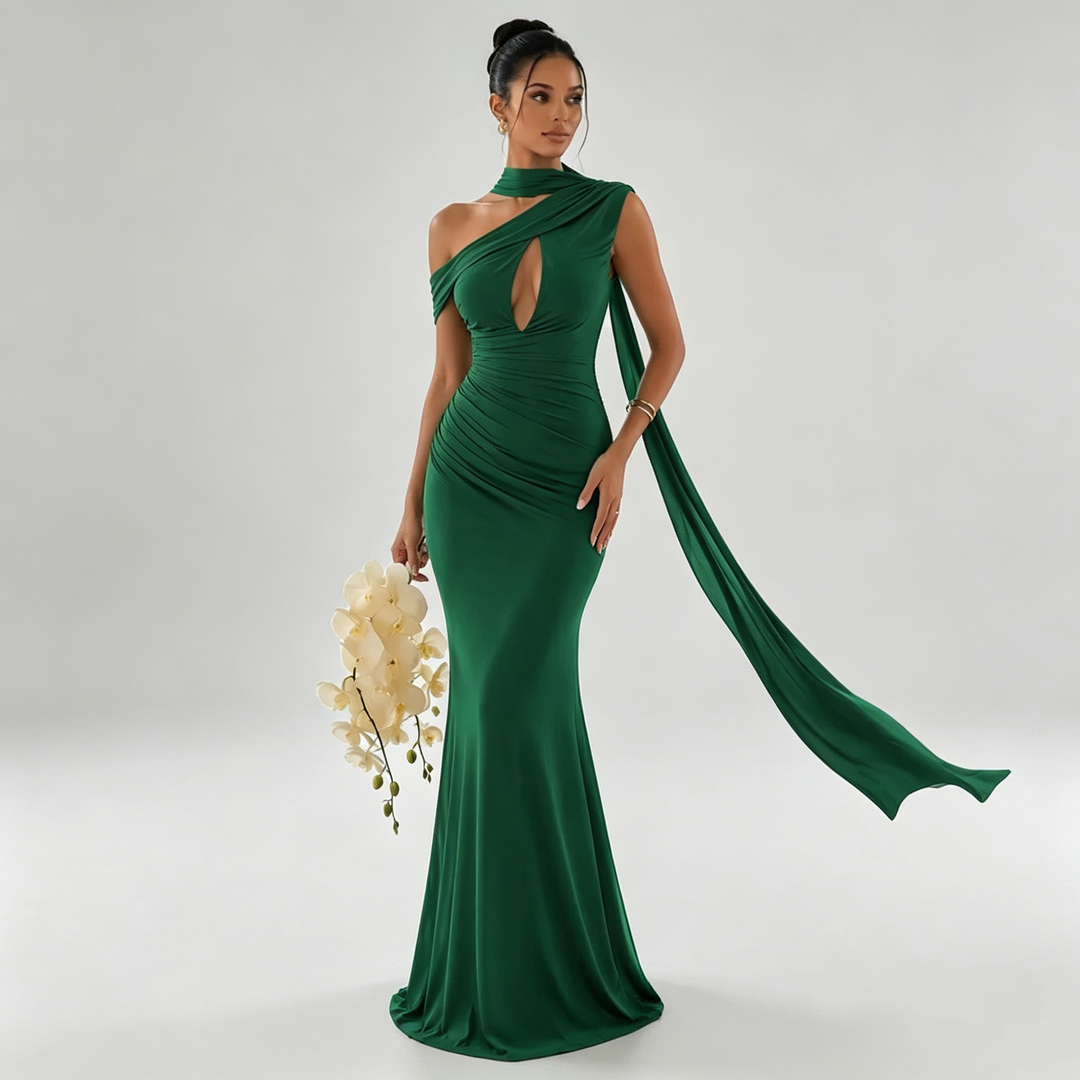 The Elara Riviera Scarf One-Shoulder Gown