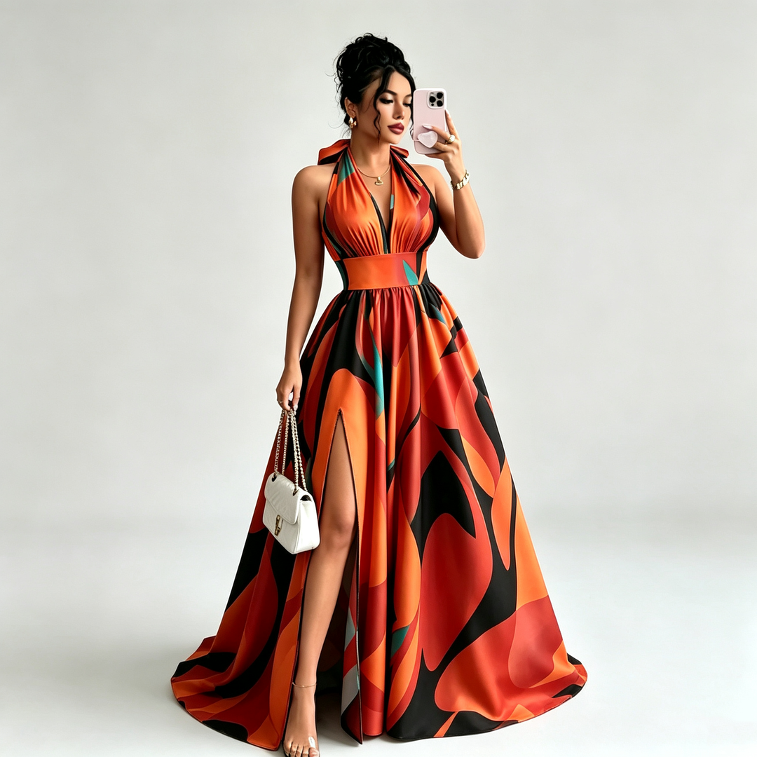 The Elara Ember Halter Split Maxi Dress