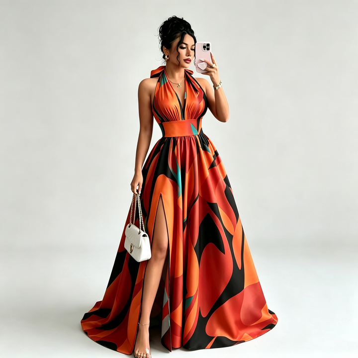 The Elara Ember Halter Split Maxi Dress