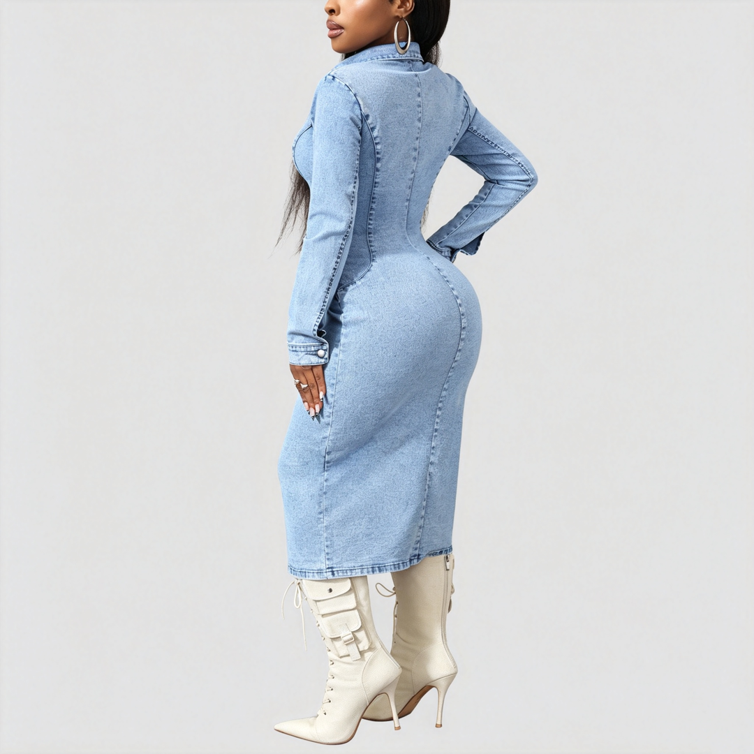 The Elara Button-Front Denim Maxi Dress