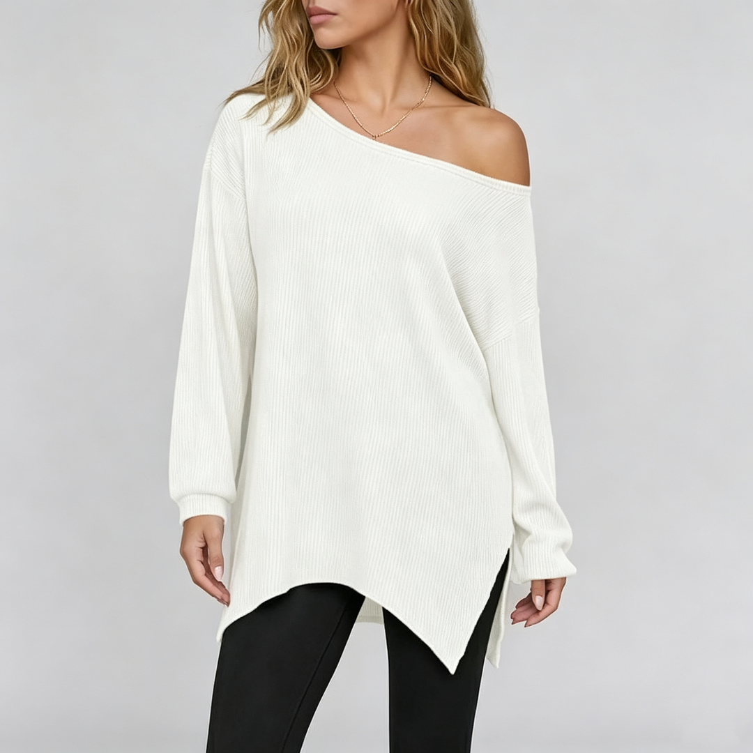 The Elara Asymmetric Off-Shoulder Ribbed Tunic