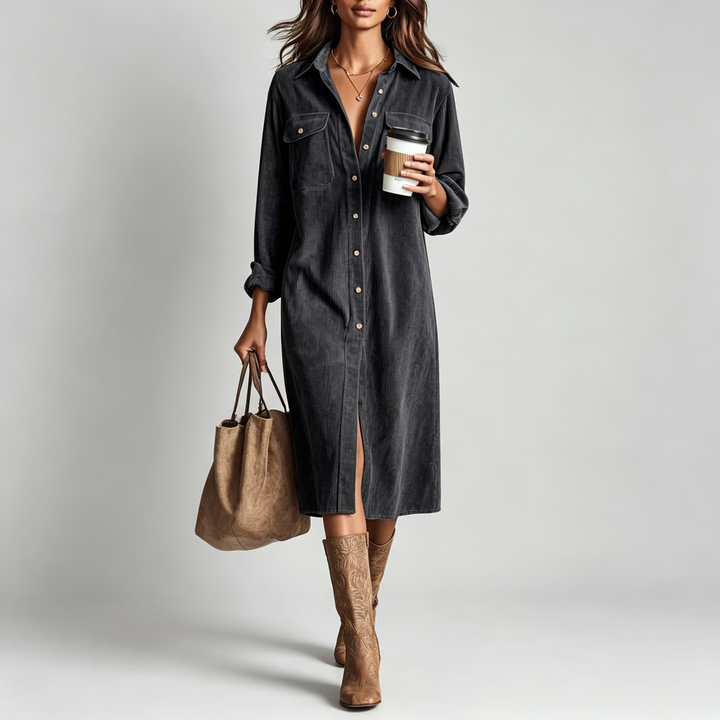 The Elara Corduroy Button-Down Midi Dress
