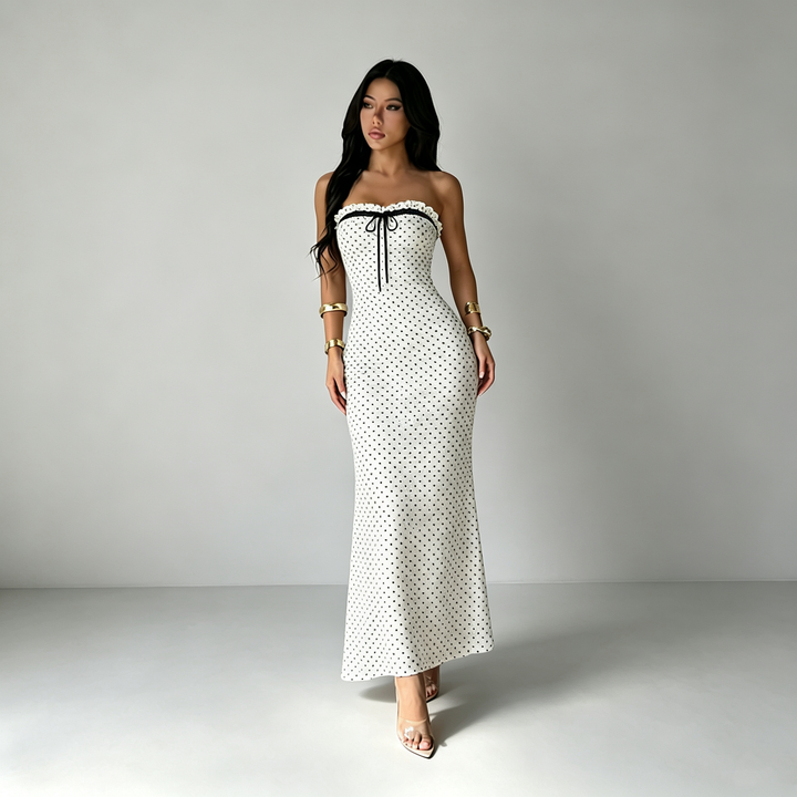 The Elara Polka-Dot Bow Strapless Maxi Dress
