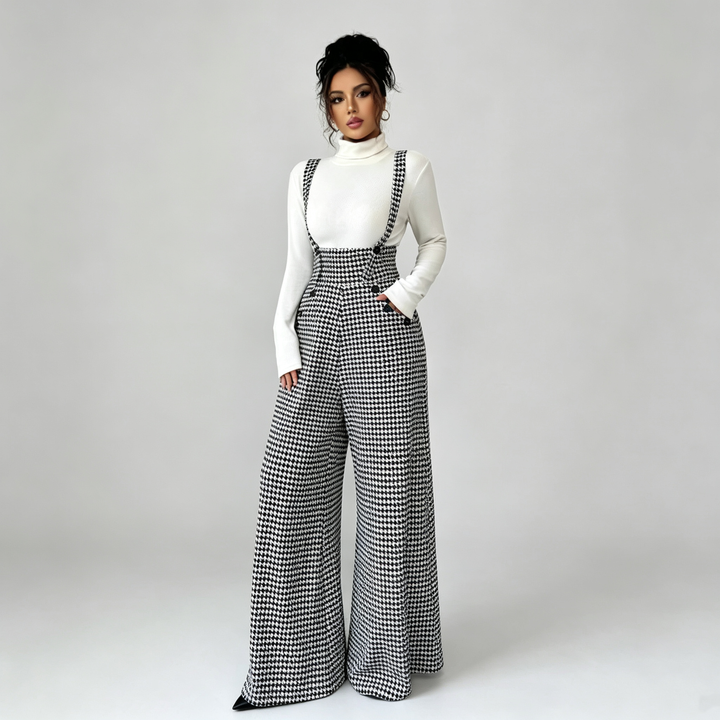 The Elara Houndstooth Wide Leg Suspender Jumpsuit