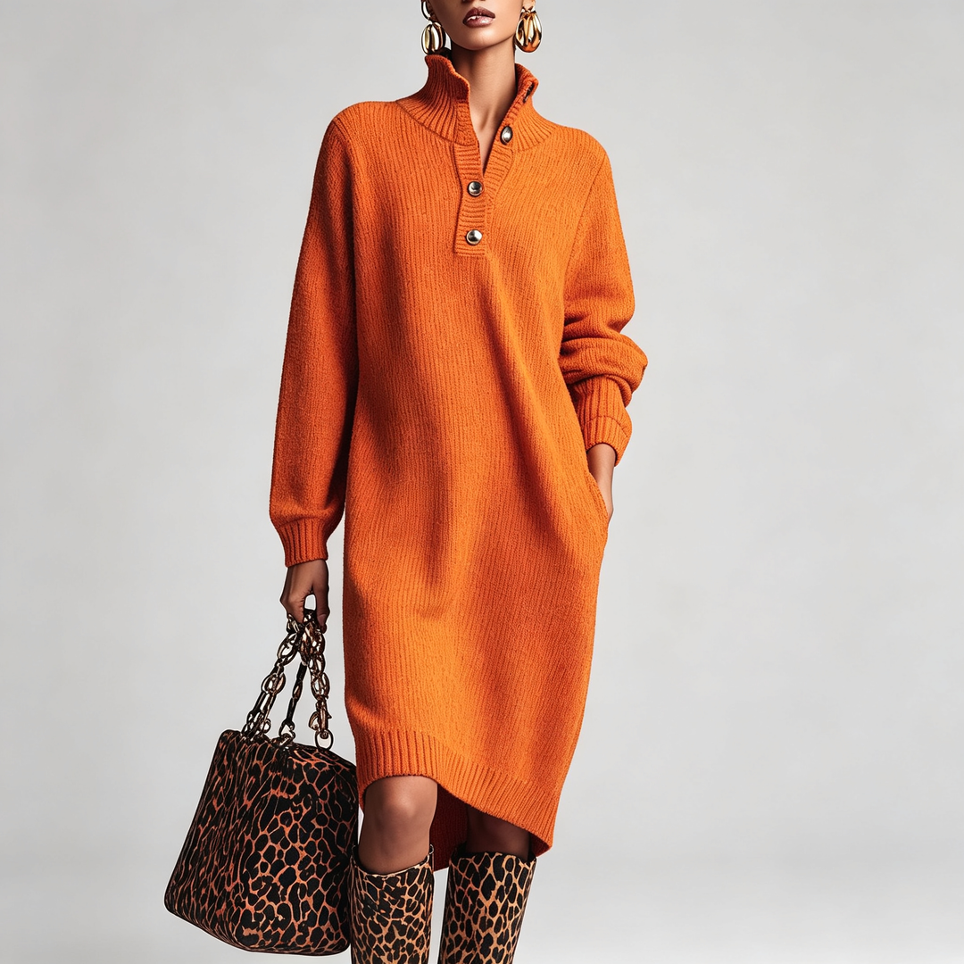 The Elara Button-Collar Ribbed Knit Midi Dress