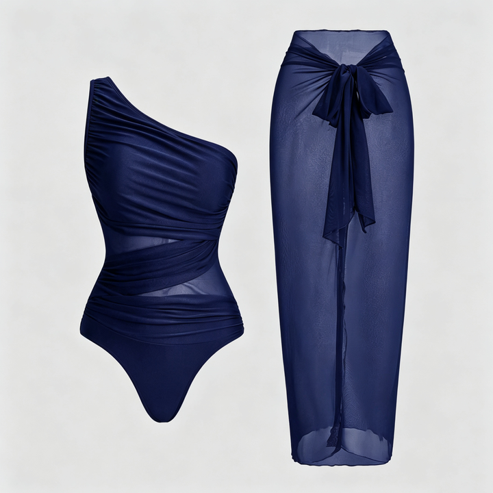 The Elara One-Shoulder Mesh Sarong Swimsuit Set