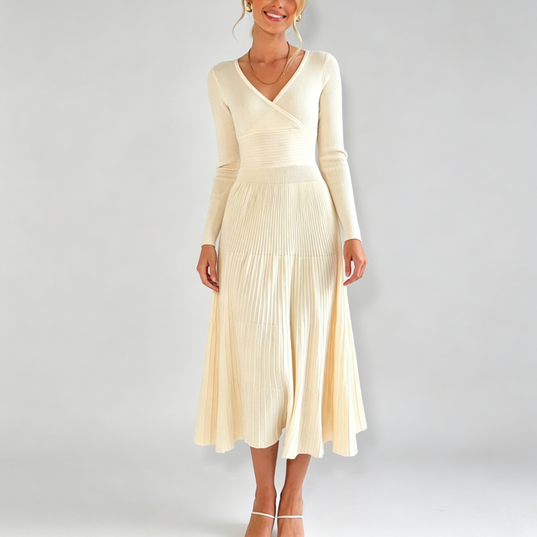 The Elara Wrap Pleated Knit Midi Dress
