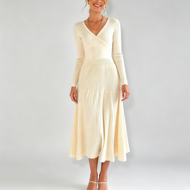 The Elara Wrap Pleated Knit Midi Dress