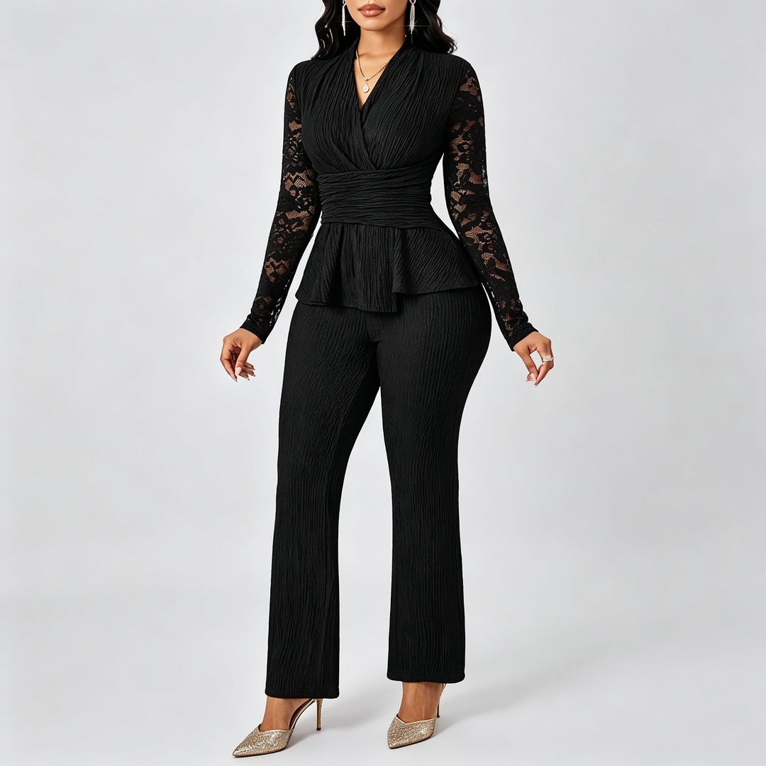 The Elara Lace-Sleeve Peplum Flare Pant Set