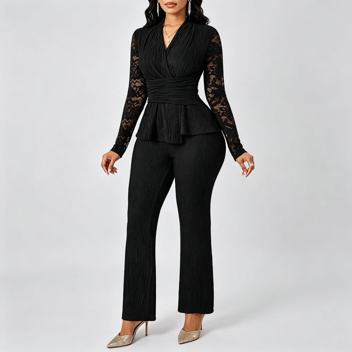 The Elara Lace-Sleeve Peplum Flare Pant Set
