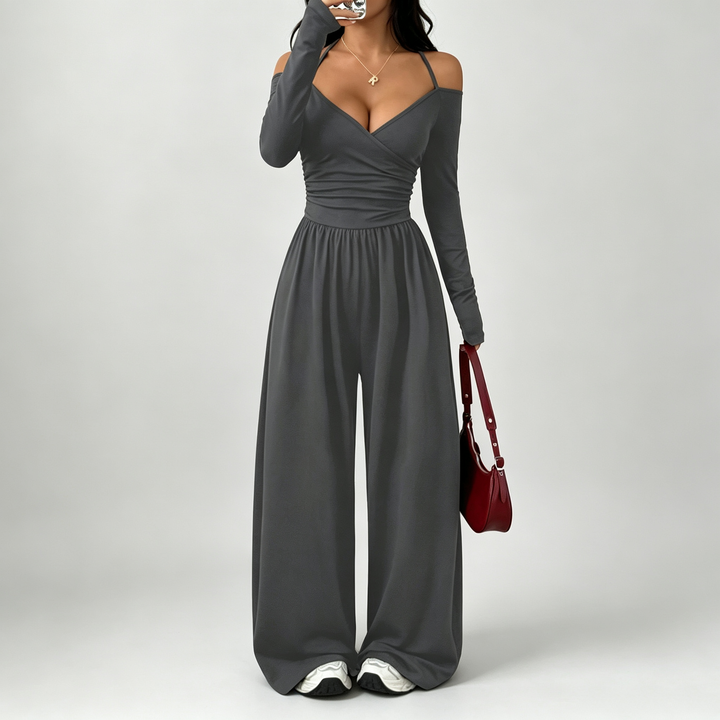The Elara Off Shoulder Wrap Wide Leg Jumpsuit