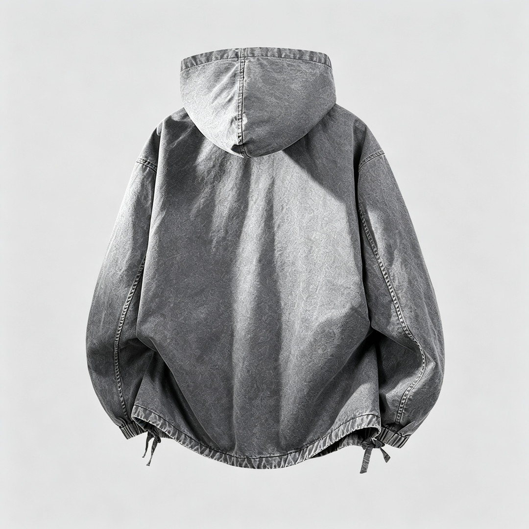 The Elara Washed Denim Half-Zip Hooded Jacket