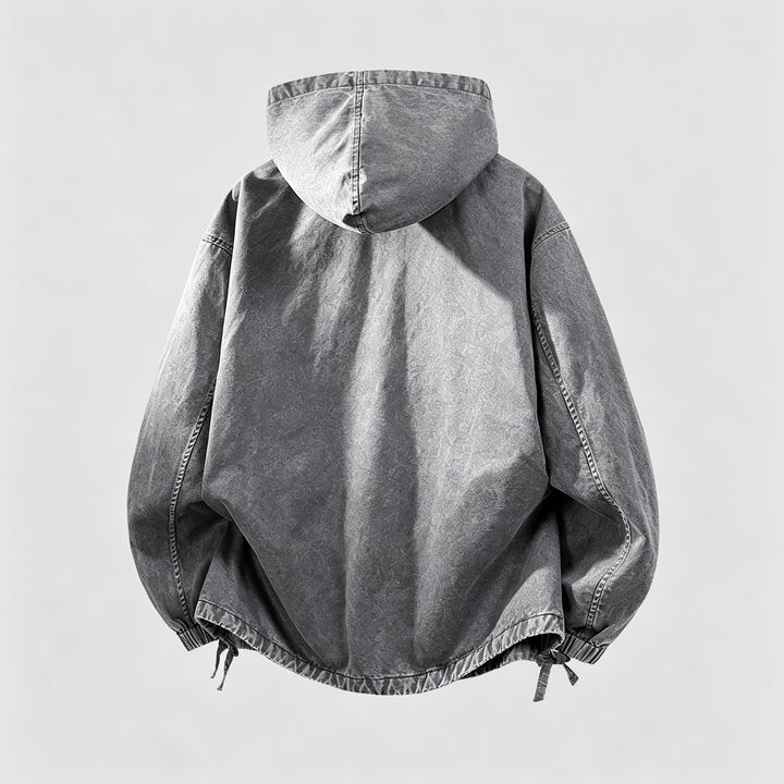 The Elara Washed Denim Half-Zip Hooded Jacket
