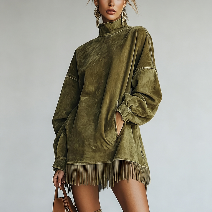 The Elara Suede Fringe Tunic Top