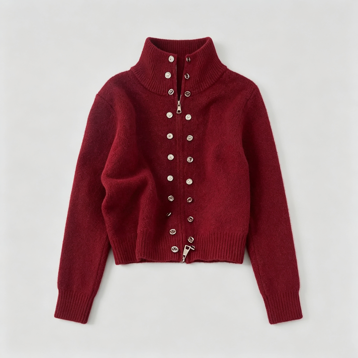 The Elara High-Neck Button Chenille Cardigan