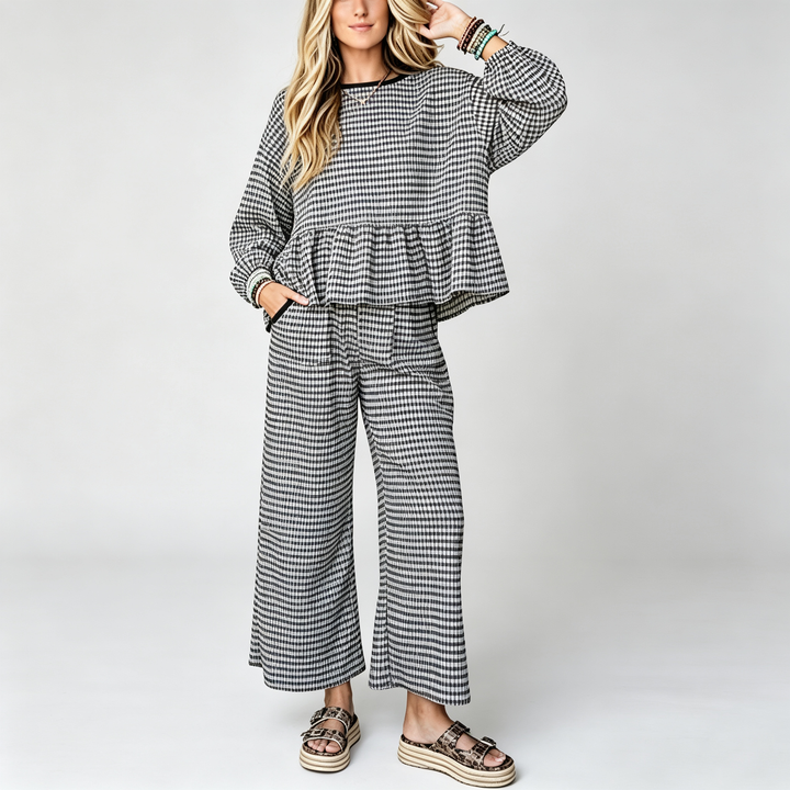 The Elara Gingham Ruffle Lounge Set