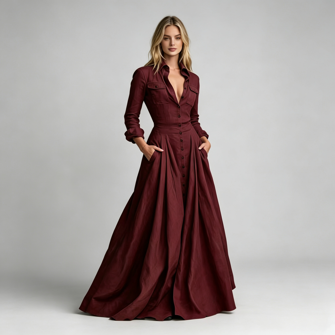 The Elara Button-Front Shirt Maxi Dress