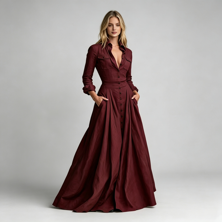 The Elara Button-Front Shirt Maxi Dress