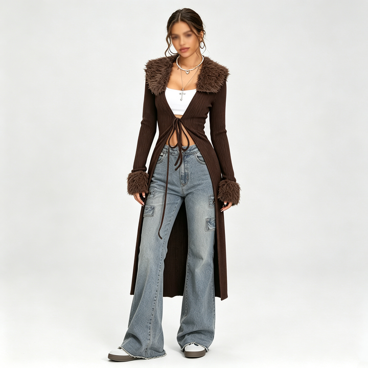 The Elara Plush-Trim Longline Knit Cardigan