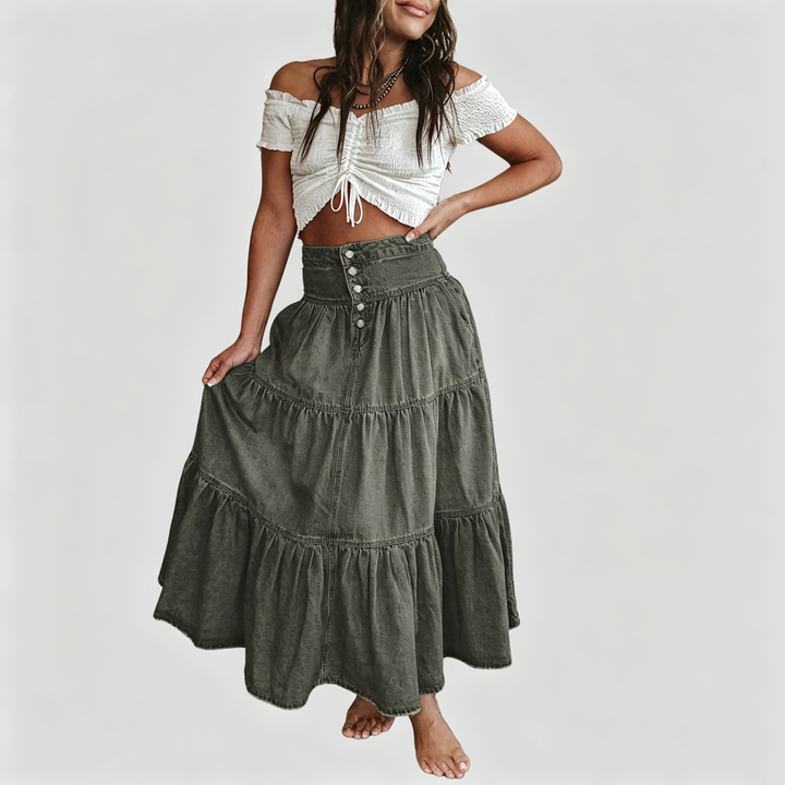 The Elara Tiered Denim Maxi Skirt