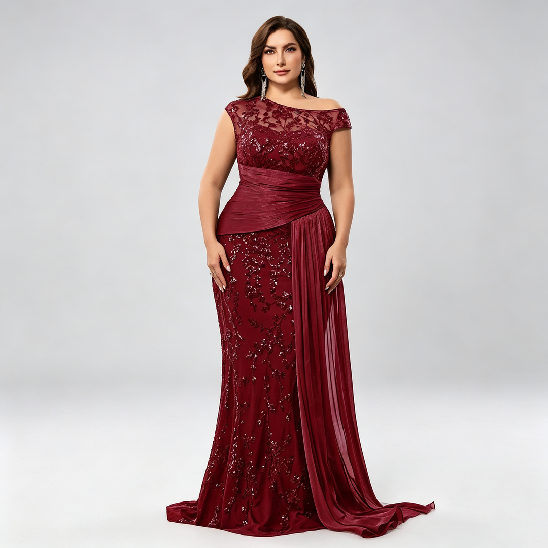The Elara Asymmetric Sequin Draped Evening Gown