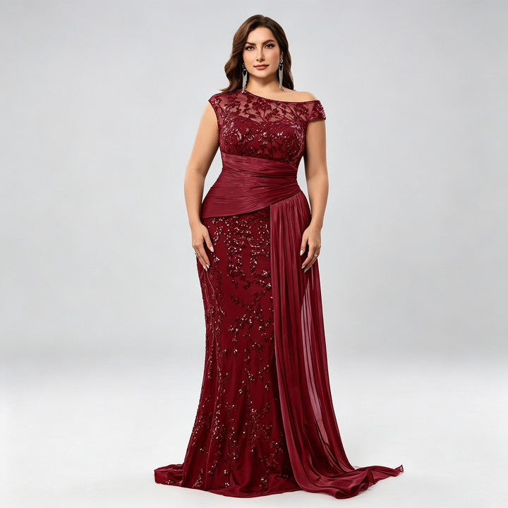 The Elara Asymmetric Sequin Draped Evening Gown